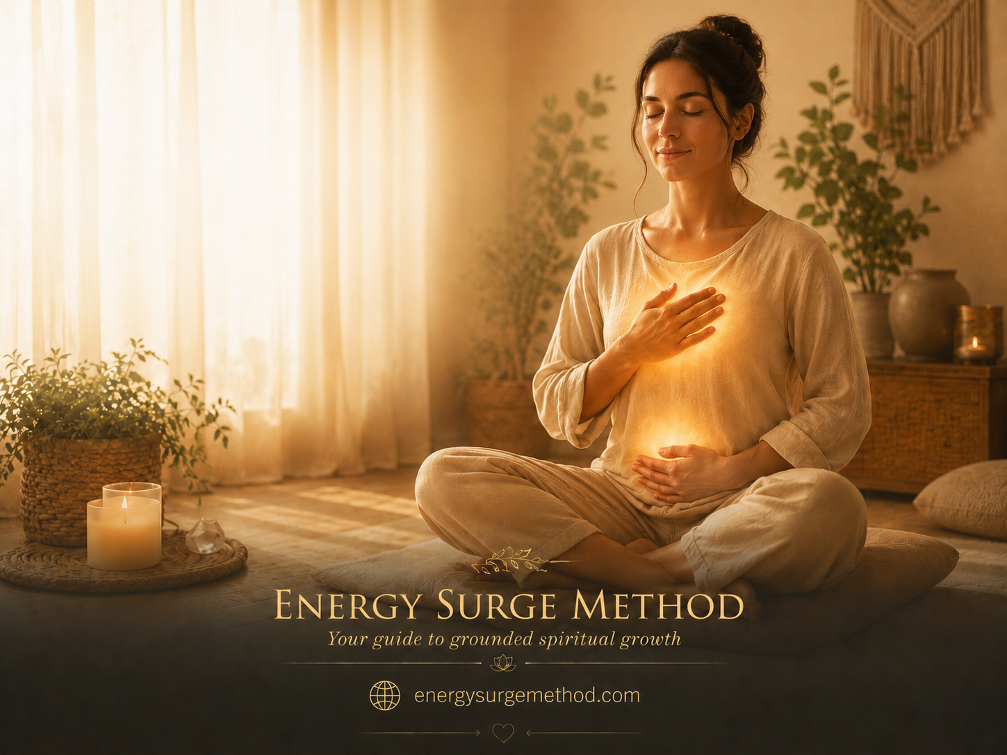 Person meditating with subtle warm light around the chest and belly to show body heat during meditation