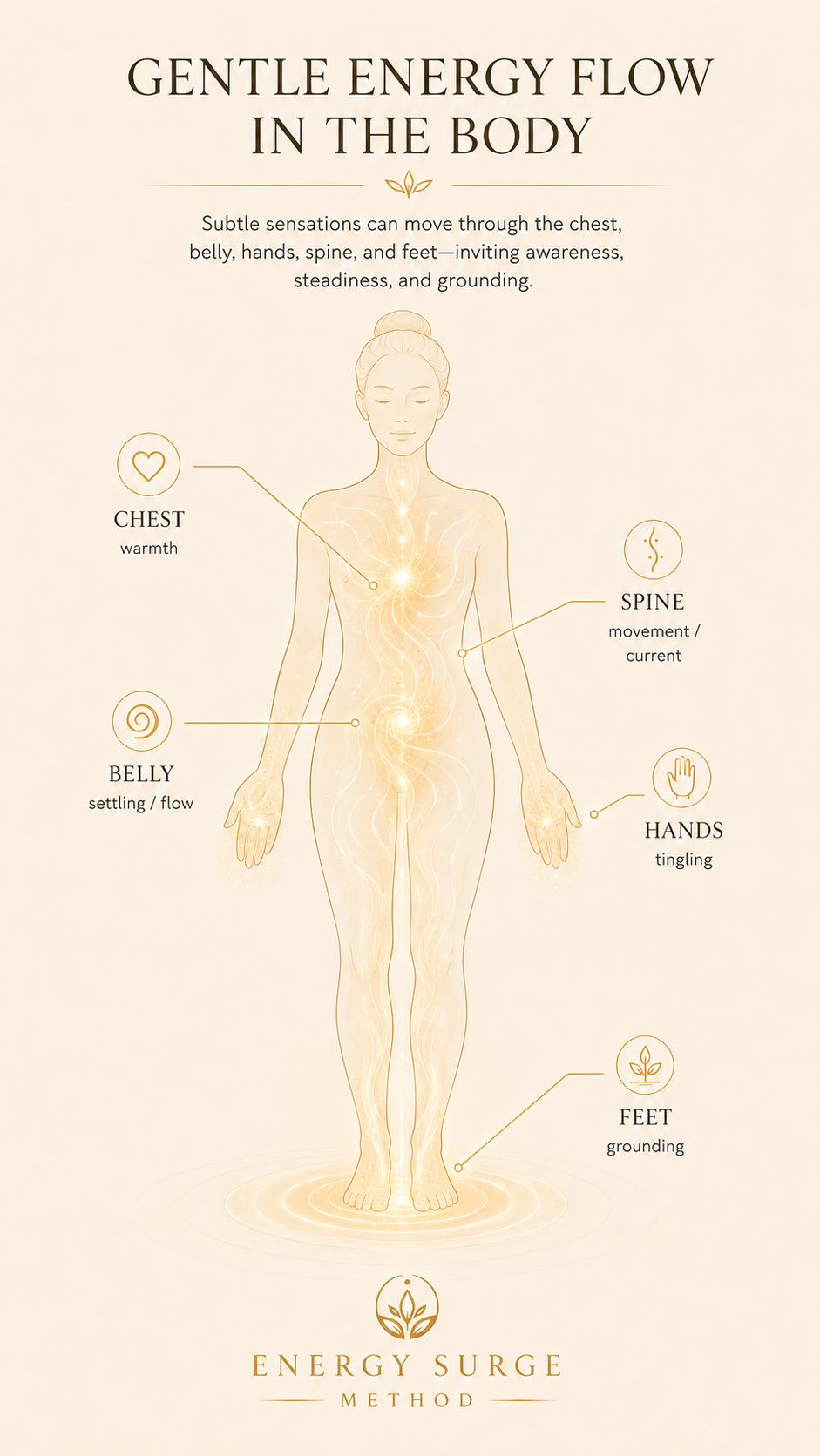 Body warmth zones infographic showing heat in the chest, belly, hands, spine, and grounding at the feet