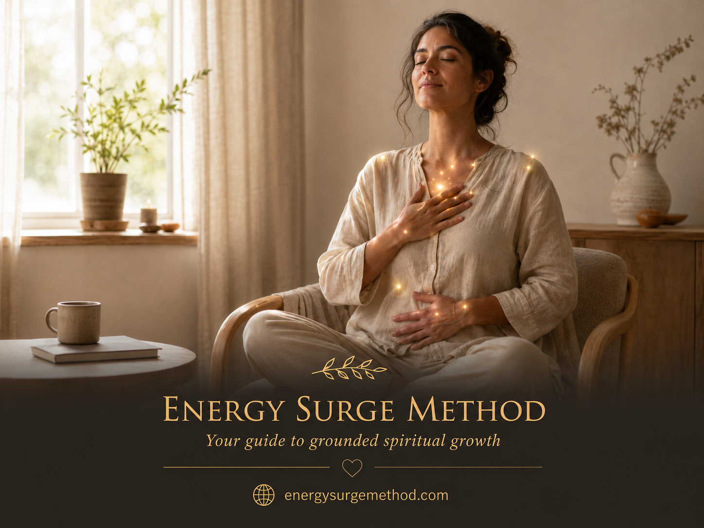 Calm person meditating with subtle golden tingling sensations around the hands, chest, and belly