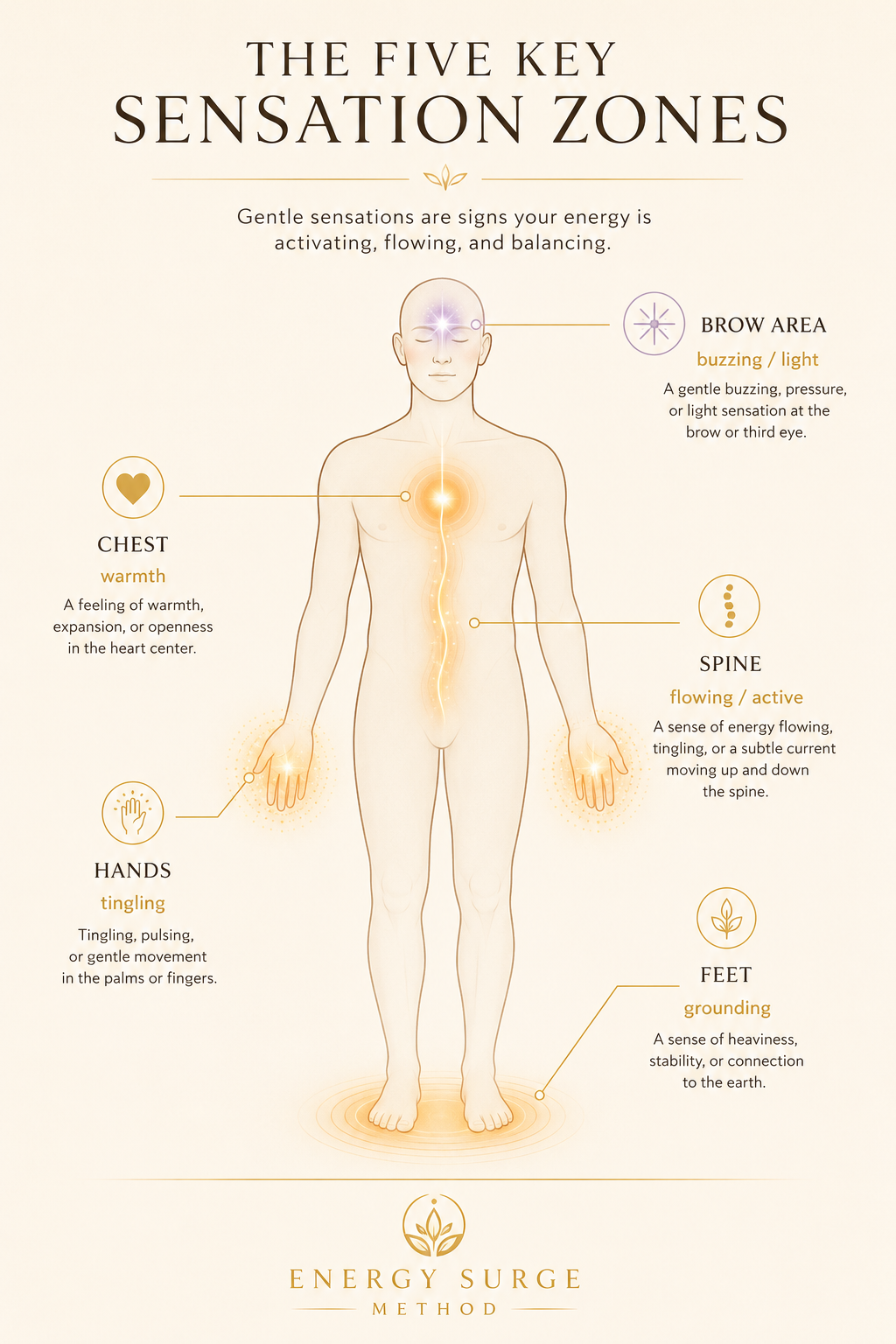 Five spiritual energy sensation zones infographic showing hands tingling, chest warmth, brow buzzing, spine flow, and feet grounding