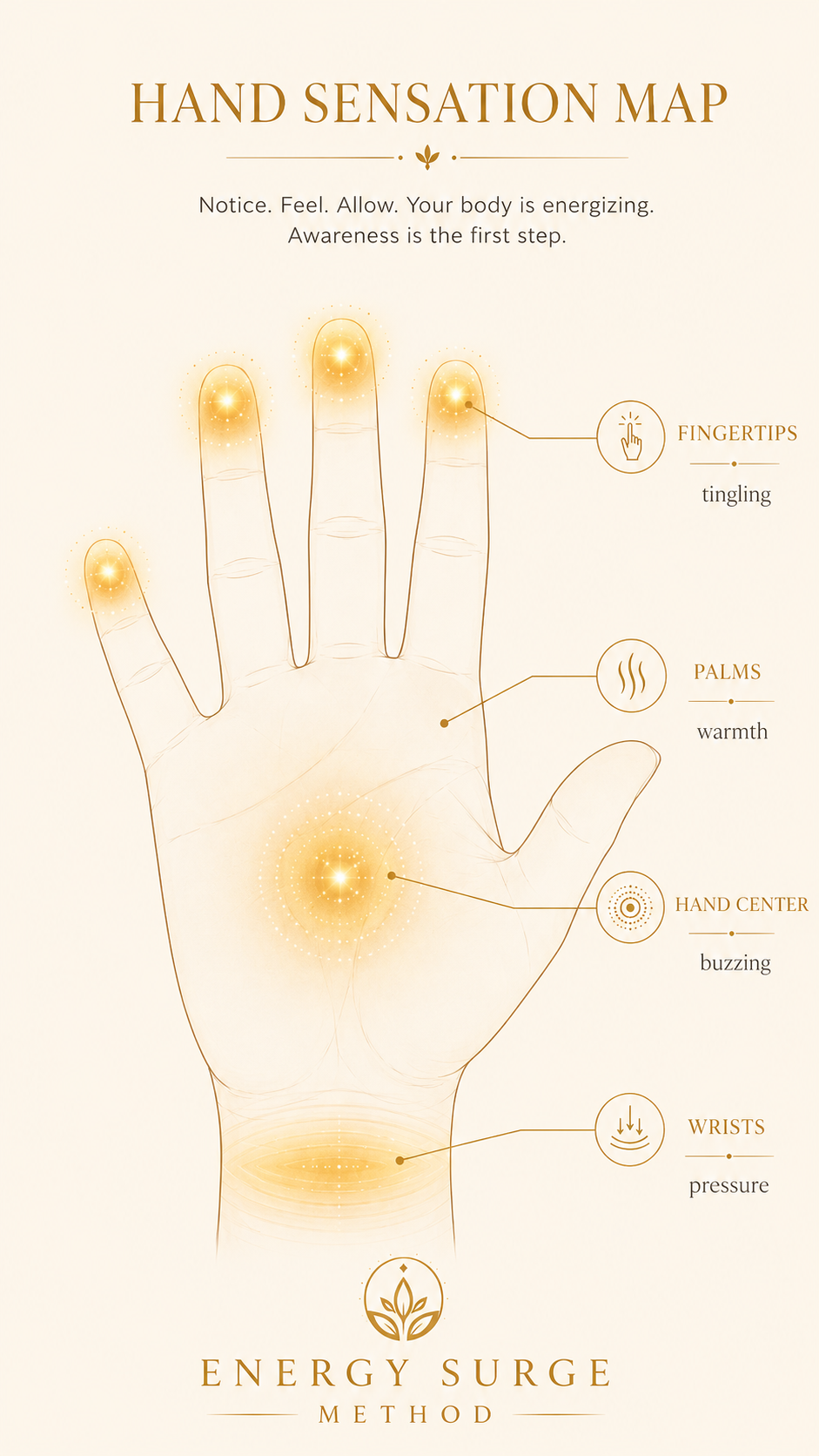 Hand sensation zones infographic showing tingling, warmth, pressure, and buzzing in the palms and fingertips